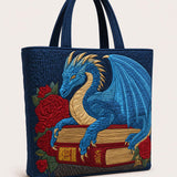 H.PAI Women's Quilted Tote Bag - Navy Blue Dragon & Vintage Book Top-Handle Shoulder Bag