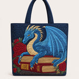 H.PAI Women's Quilted Tote Bag - Navy Blue Dragon & Vintage Book Top-Handle Shoulder Bag