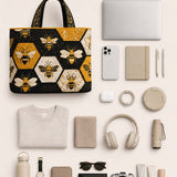 H.PAI Women's Quilted Tote Bag - Honeybee & Hexagon Geometric Embroidered Top-Handle Shoulder Bag