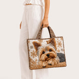 H.PAI Women's Quilted Tote Bag - Cute Yorkshire Terrier Dog & Snowflake Winter Aesthetic Shoulder Handbag