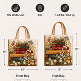 H.PAI Women's Quilted Tote Bag - Vintage Book Stack & Daisy Floral Cottagecore Shoulder Handbag