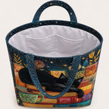 H.PAI Women's Quilted Tote Bag - Black Cat Sleeping on Books Starry Floral Travel Shoulder Bag