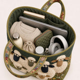 H.PAI Women's Quilted Tote Bag - Dark Green Meadow Fluffy Sheep Top-Handle Shoulder Bag