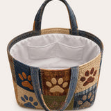 H.PAI Women's Quilted Tote Bag - Dog Paw Patchwork Rustic Boho Denim Everyday Shoulder Handbag