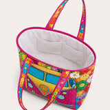H.PAI Women's Quilted Tote Bag - Retro 70s Hippie Camper Van & Smiley Sunflower Groovy Everyday Shoulder Handbag