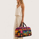 H.PAI Women's Quilted Duffle Bag - Retro 70s Hippie Van, Sunset Mountain & Mushroom Travel Overnight Bag