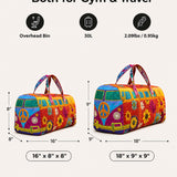 H.PAI Women's Quilted Duffle Bag - Retro 70s Colorful Hippie Van, Sunflowers Travel Overnight Bag
