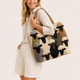 H.PAI Women's Quilted Tote Bag - Cute Sheep & Flock Pattern Travel Overnight Shoulder Bag