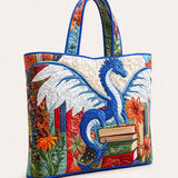 H.PAI Women's Quilted Tote Bag - Blue Dragon & Books Print Floral Top-Handle Travel Carry-On Bag
