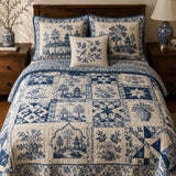 Blue Willow Floral Quilted 3-Piece Bedding Set