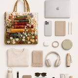 H.PAI Women's Quilted Tote Bag - Vintage Book Stack & Daisy Floral Cottagecore Shoulder Handbag