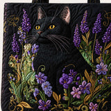 H.PAI Women's Quilted Tote Bag - Black Cat & Lavender Floral Aesthetic Cottagecore Shoulder Handbag