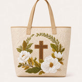 Christian Cross & Magnolia Floral Quilted Tote Bag