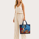 H.PAI Women's Quilted Tote Bag - Navy Blue Dragon & Vintage Book Top-Handle Shoulder Bag