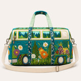 H.PAI Women's Retro 70s Hippie Van, Forest & Wildflower Quilted Duffle Bag