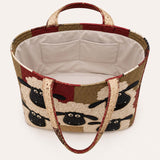H.PAI Women's Quilted Tote Bag - Vintage Burgundy Sheep Flock Patchwork Top-Handle Shoulder Bag