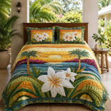 H.PAI Tropical Plumeria Floral Quilted 3-Piece Bedding Set